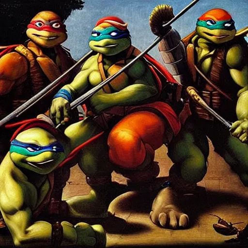 Image similar to teenage mutant ninja turtles by caravaggio, detailed oil painting