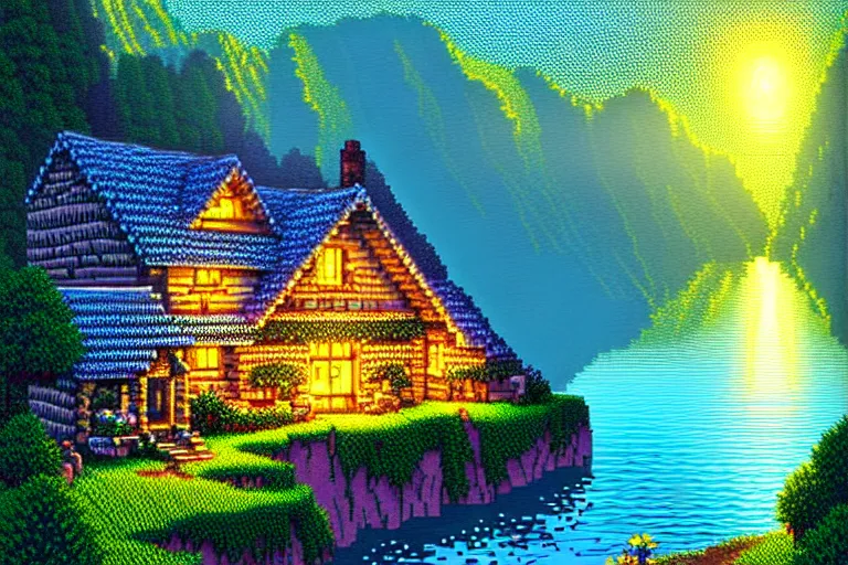 Image similar to view of a cottage above an azure lake, beautiful detailed pixelart by albertov, intricate details, beautiful, dithered gradients, volumetric lighting, cgsociety, artstation, 2 d, smooth, sharp, focus, illustration, art by artgerm, by dan mumford, hd