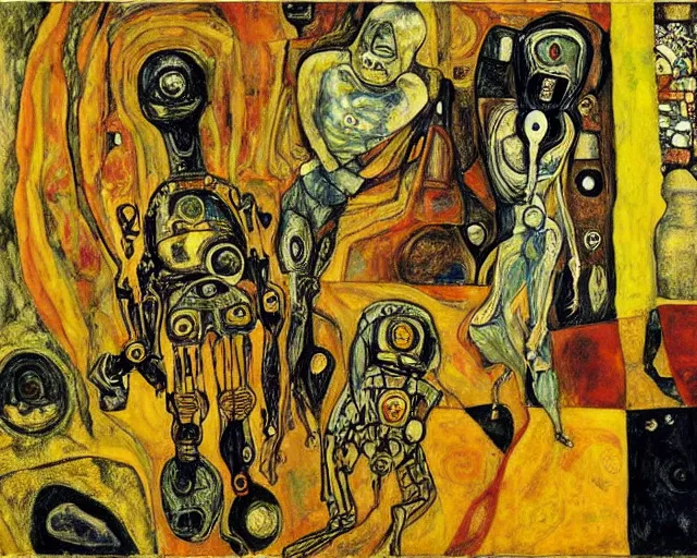 Image similar to a painting of a aliens and robots by graham sutherland, egon schiele, gustav klimt, expressionism