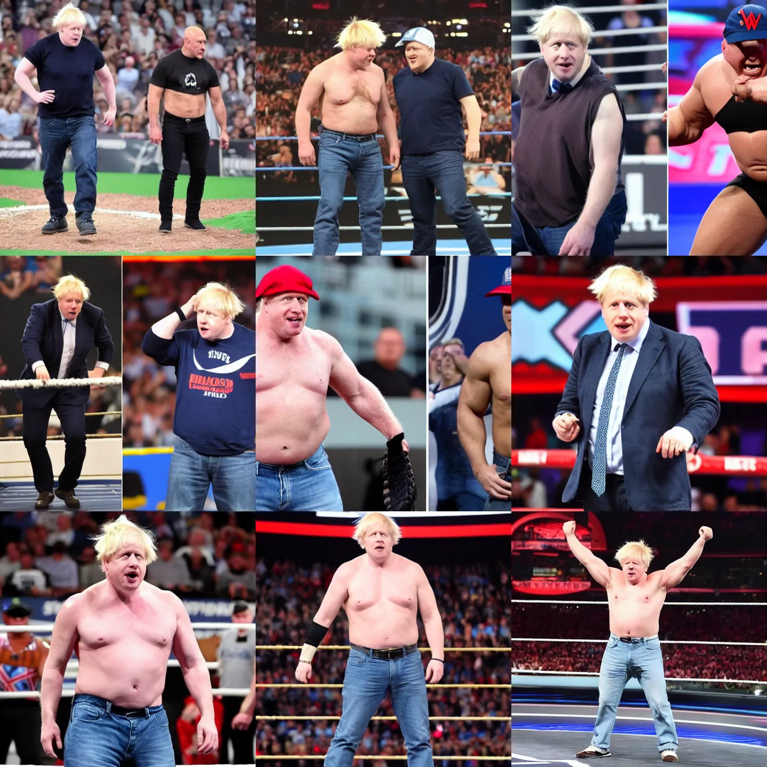Prompt: boris johnson wearing a baseball cap and jeans in wwe as a muscular wrestler