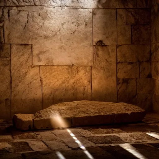 Image similar to cinematic still outside of the Jesus's tomb with stone rolled away, heavenly light coming from the opening, just before dawn, dynamic angles, miracle, magical, wondrous, Biblical epic movie directed by Ridley Scott