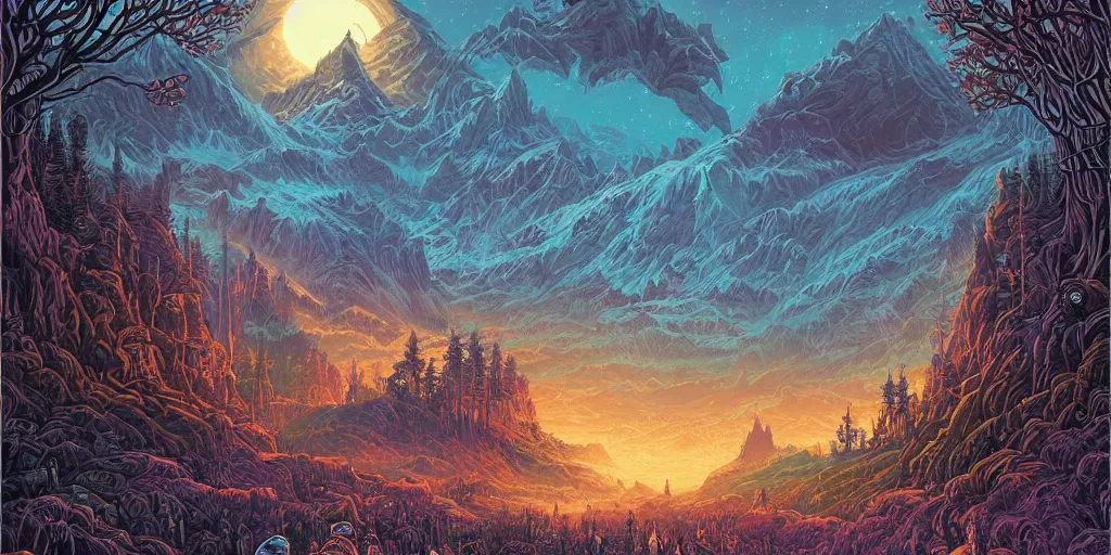 Image similar to a fantasy landscape by Dan Mumford