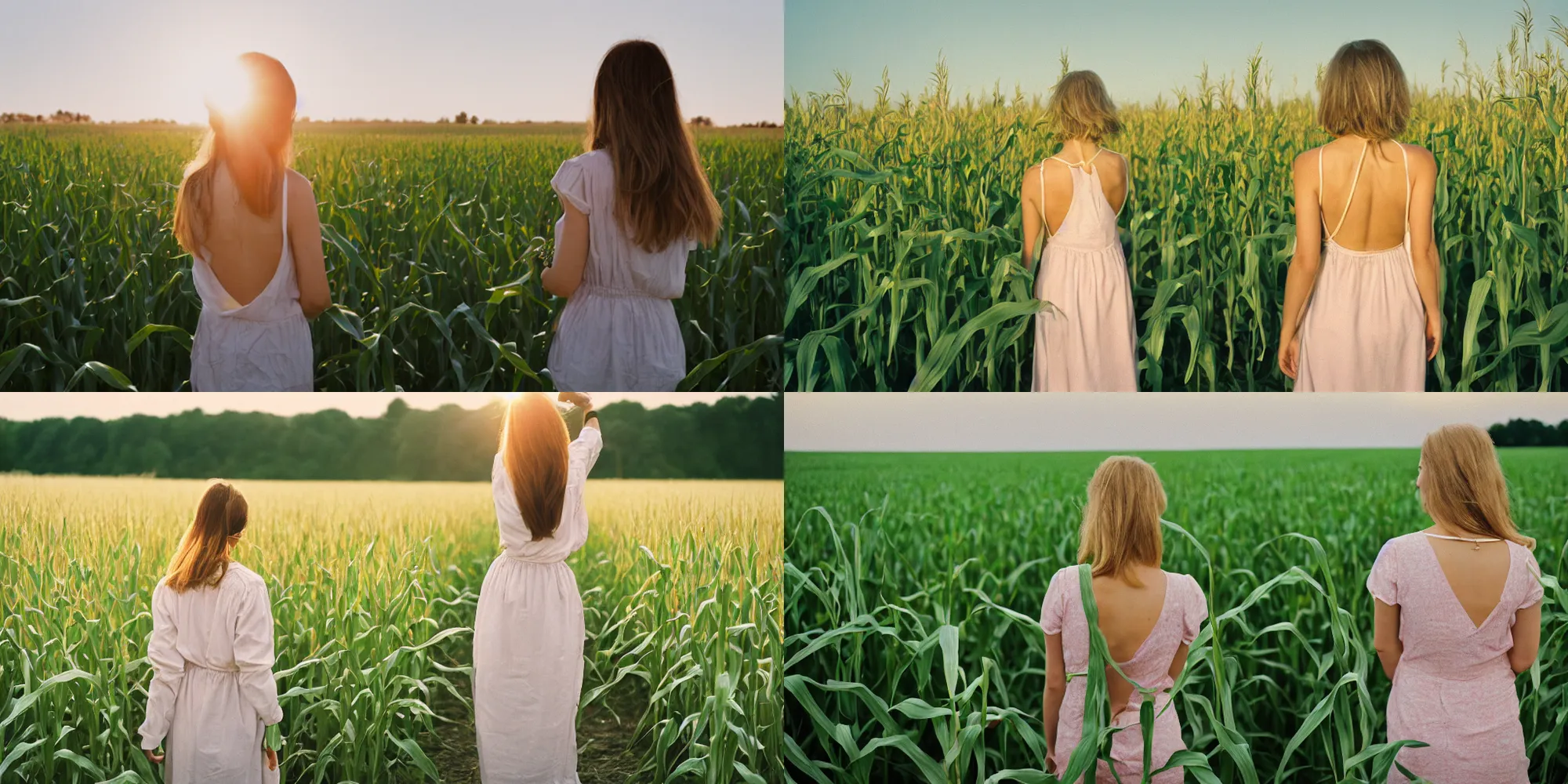Prompt: photograph of a beautiful!!! woman! from the back in a tall!! green corn field by mark owen. pastel colors. kodak portra 4 0 0 film. whirl bokeh. mamiya 7. highly detailed. hq. photoreal. golden hour. lens flare. raw. in - frame