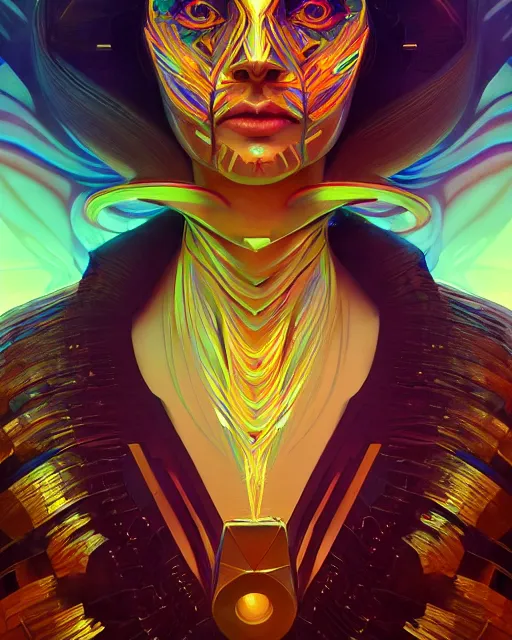 Prompt: highly detailed surreal vfx portrait of a metallic chromatic geometric tribal magician, behance, stephen bliss, unreal engine, greg rutkowski, loish, rhads, beeple, makoto shinkai and lois van baarle, ilya kuvshinov, rossdraws, tom bagshaw, alphonse mucha, global illumination, detailed and intricate environment