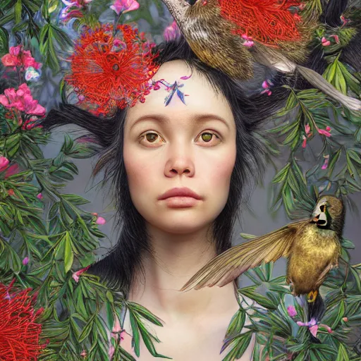 Image similar to beautiful young female chimpanzee surrounded by hummingbirds and fine floral ornaments, eye - level medium - angle shot, intricate, floral background, by esao andrews, by m. w. kaluta, by yoshita amano, intricate, symmetrical, natural lighting, smooth, 3 d octane render, depth perception, 4 k,, artstation