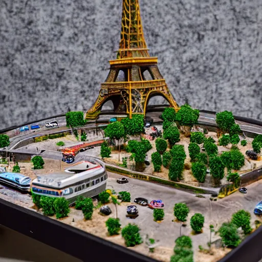 Image similar to a detailed photo of a diorama city, paris eiffel tower, macro photography, zoom, model trees, table, studio lighting