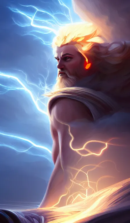 Image similar to the god zeus, lightning, close up, sharp focus, digital art, concept art, dynamic lighting, character design by anna dittman, environment by jessica rossier