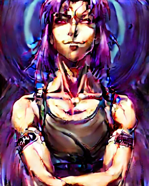 Image similar to a portrait of revy from black lagoon, dilraba dilmurarevy, smirk, black tank top, jean shorts, brown eyes, purple hair, tribal tattoos right arm sleeve, symmetrical eyes, symmetrical face, art by lois van baarle and loish and ross tran and rossdraws and sam yang and artgerm