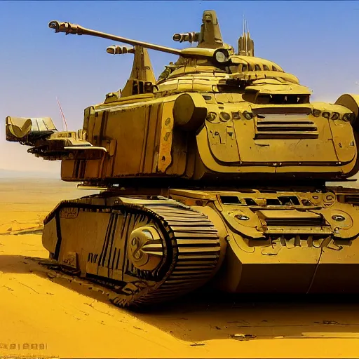 Prompt: a anthromorphic humanoid tank in the style of Ralph McQuarrie/Syd Mead/John Berkey/Jean Giraud detailed realistic HD 8k High Resolution