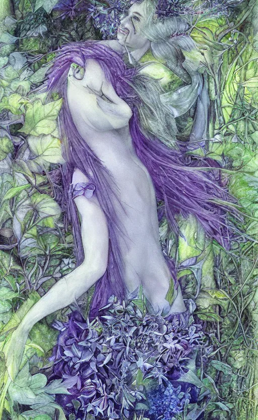 Prompt: fey queen of the summer forest, dress of leaves, fine features, thin, young, silver shimmering hair, by brian froud, stars, night colors, night, purple blue black, oil on canvas, oil panting