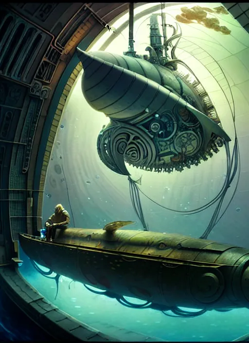 Image similar to epic concept illustration, highly detailed, intricate mechanical design, hard science concept art, underwater nautilus submarine being prepared for launch, by greg rutkowski and alphonse mucha. uhd, cinematic lighting, amazing depth, cinematography by 2 0 1 7