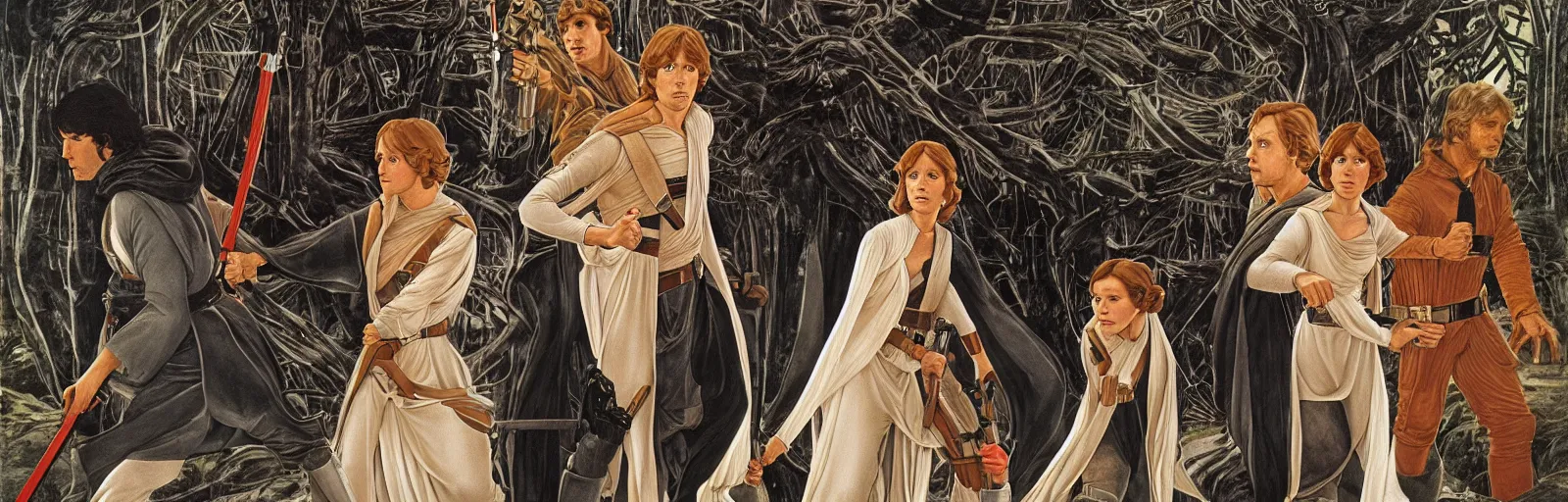 Prompt: luke skywalker, princess leia and han solo in return of the jedi, by sandro botticelli