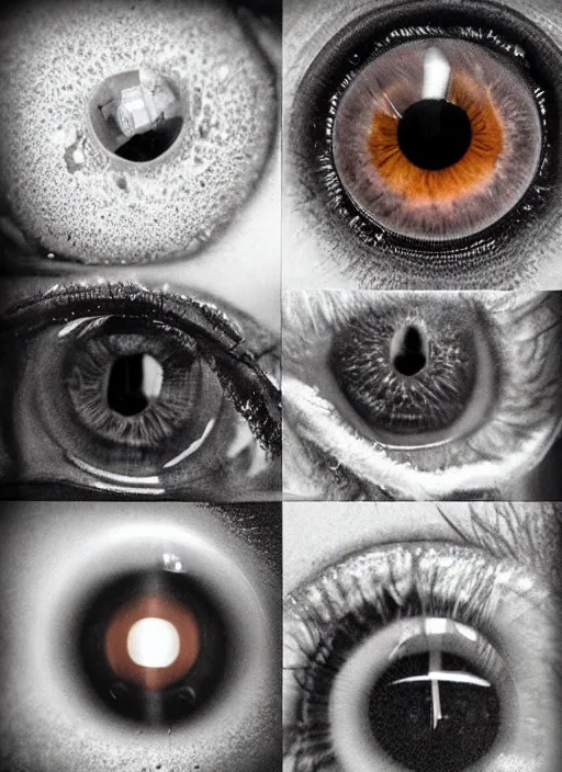 Image similar to macro human eyes!, black centered dot pupil, circle iris ring, happy smiling human eyes, round iris textures, eyelashes, tired half closed, advanced art, art styles mix, from wikipedia, wet eye relections, hd macro photograph, montage of grid shapes