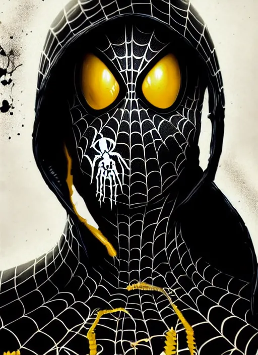 Image similar to highly detailed closeup portrait of a cyborg venom symbiote in spiderman suit with skeleton skull face,, black parka by atey ghailan, by greg rutkowski, by greg tocchini, by james gilleard, by joe fenton, by kaethe butcher, gradient, yellow, black, brown and white color scheme, grunge aesthetic!!! white graffiti tag wall background