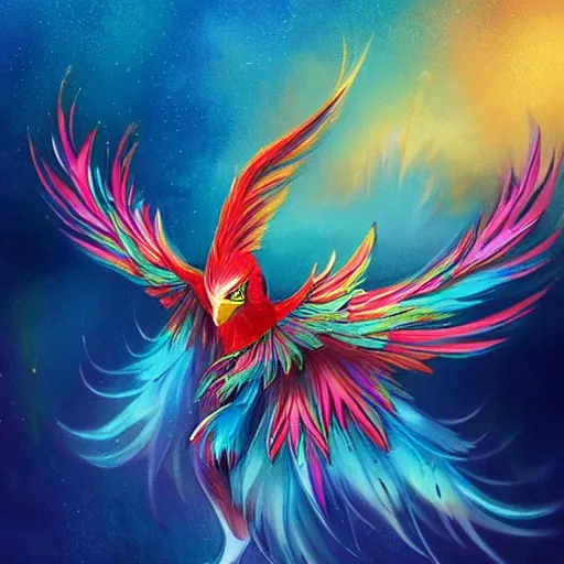 Prompt: stylized cute flying chinese phoenix, sparkling bird eyes, embers surrounding her wings, shining rainbow feathers, smooth features, feathers on fire, stylized art, digital painting, artstation, concept art, smooth, soft focus, beautiful rainbow colors, illustration, chinese phoenix art by Artgerm and greg rutkowski