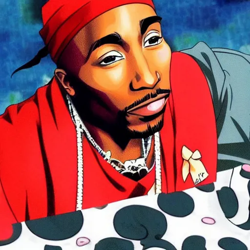 Image similar to Tupac Shakur, screenshot from a 2012s anime