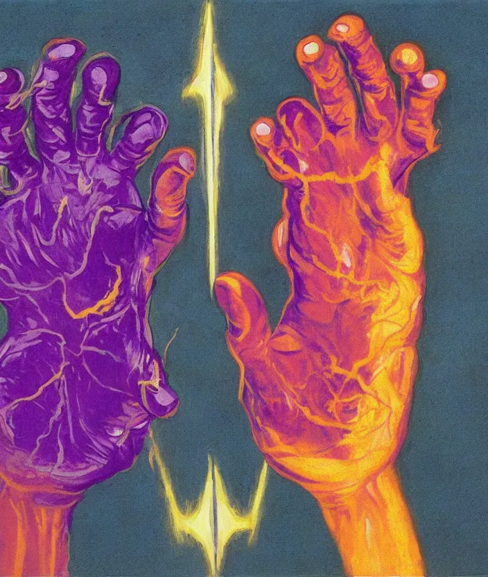 Prompt: two hands facing each other and transferring bolts of purple energy, art by francis bacon
