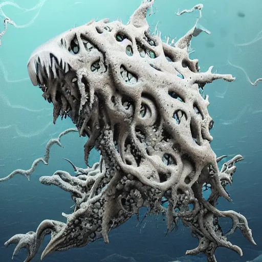 Prompt: dendritic hyperdimensional monster emerging from sea surface, but monster is dendritic