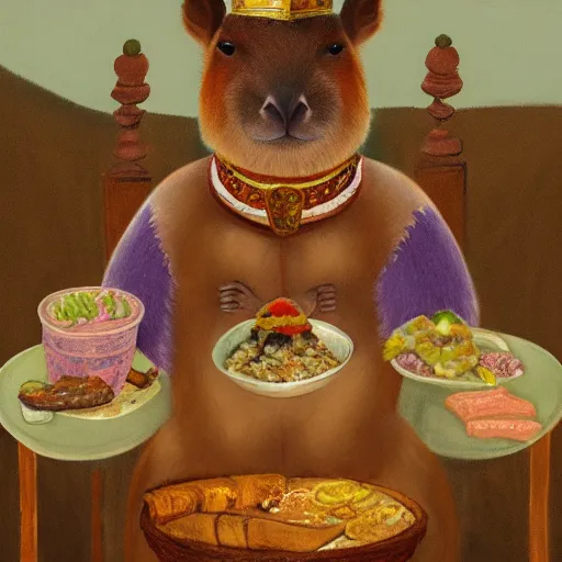 Prompt: painting of a capybara wearing a crown sitting on a throne surrounded by food offerings, trending on artstation