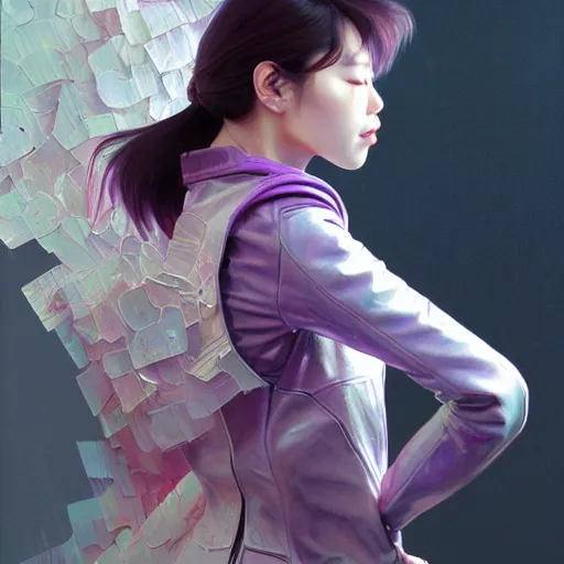 Image similar to full body of Korean female wearing VR goggles and futuristic short violet leather jacket, torn 1980s tank top underneath jacket, intricate, elegant, highly detailed, digital painting, artstation, concept art, smooth, sharp focus, illustration, art by artgerm and greg rutkowski and alphonse mucha