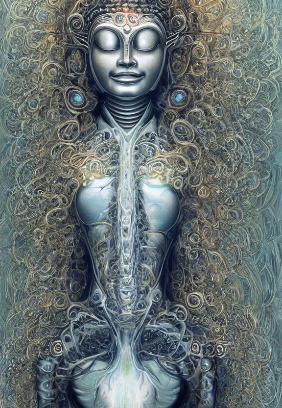 Image similar to perfectly centered portrait, front view of a beautiful biomechanical fractal robot buddha, female, flowing hair, intense stare, sarcastic smile, symmetrical, concept art, intricate detail, volumetric shadows and lighting, realistic oil painting by alex grey and gustave dore,