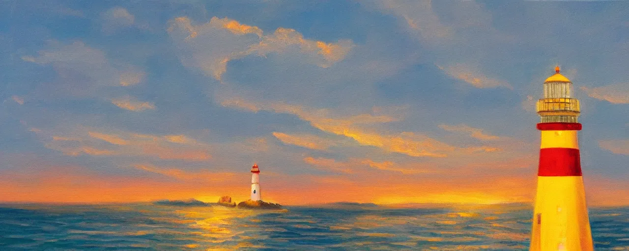 Image similar to A painting of a lighthouse by the ocean at sunset