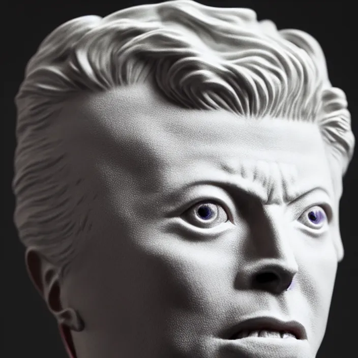 Image similar to David Bowie , A Close up photo-real delicate ceramic porcelain sculpture of a symmetrical ornate detailed in front of an intricate background by Victo Ngai and takato yamamoto, micro detail, backlit lighting, face in focus, subsurface scattering, translucent, thin porcelain, octane renderer, colorful, physically based rendering, japanese pottery, trending on cgsociety