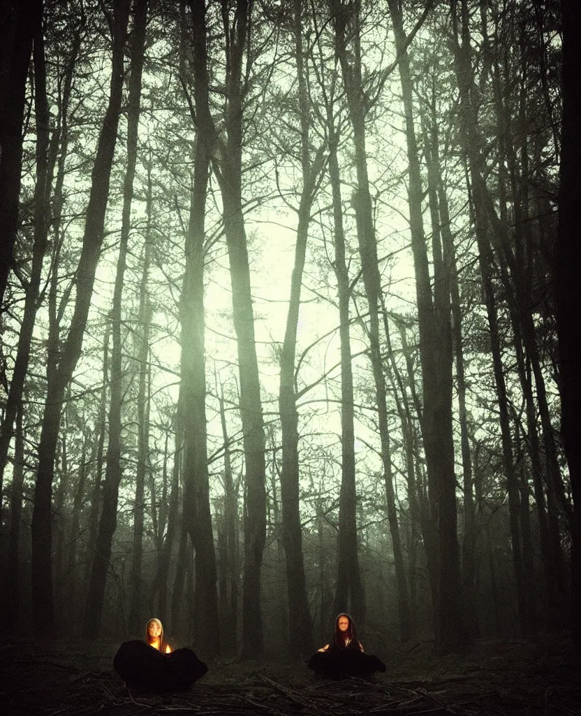 Image similar to “ dense dead forest with glowing orbs, woman sitting ”