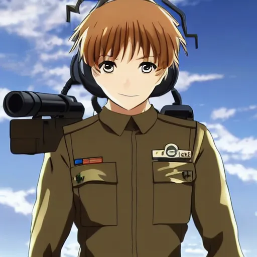 Image similar to Anime military EOD protagonist with light brown hair and brown eyes, Key Still, character design, full body shot