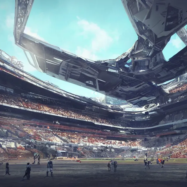 Prompt: a futuristic stadium with a giant artstation mecha, stadium has a full crowd, unreal engine, hyper realism, realistic shading, cinematic composition, realistic render, octane render, detailed textures, photorealistic, wide shot