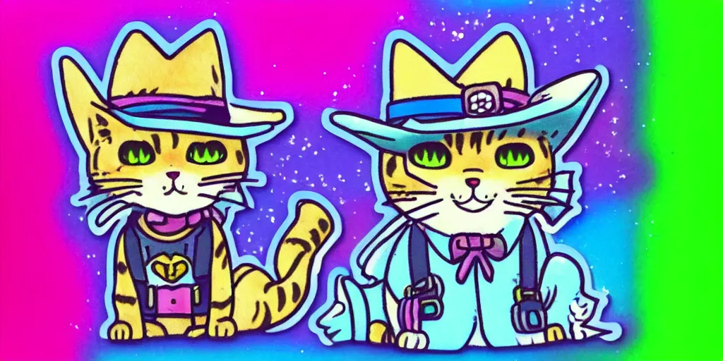 Image similar to a cat cowboy, puffy sticker, glitter sticker, kawaii by studio ghibli, by lisa frank 8 k pastel colours, neon colours, fluorescent colours,