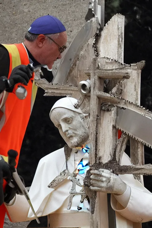 Prompt: the pope cutting a statue of jesus on the cross with a chainsaw