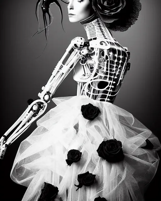 Image similar to dreamy surreal poetic black and white photo of a beautiful young bio-mechanical-female-jellyfish-cyborg-plastic-robot with a very long neck and a super big gothic lace collar and a very high big floral crown with many black dry roses by Vivienne Westwood:: smoke, high fashion, haute couture, rococo, avant-garde, elegant, dreamy, hyper realistic, 150 mm lens, soft rim light, octane render, unreal engine, picture was taken in 1910 by Dora Maar, volumetric lighting, dramatic light,8k,