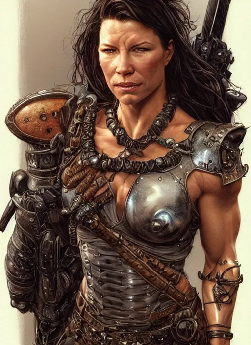 Image similar to very muscled Amazon Evangeline Lilly as a ruggedly mean looking heroine, intricate, elegant, highly detailed, centered, digital painting, artstation, concept art, smooth, sharp focus, illustration, art by artgerm and donato giancola and Joseph Christian Leyendecker, WLOP