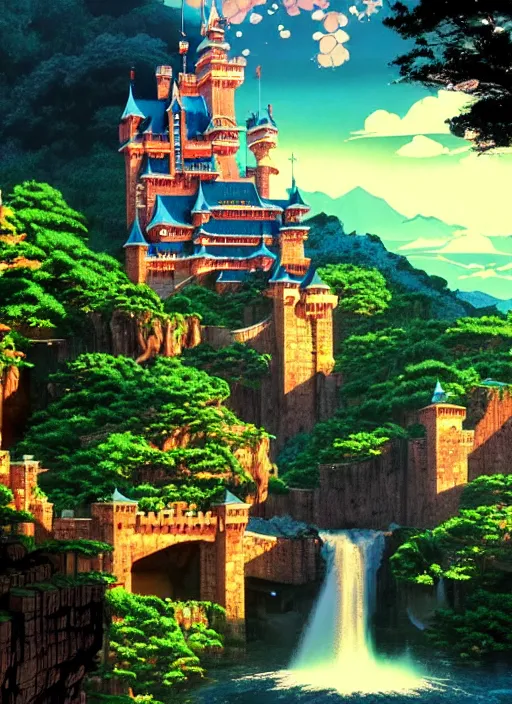 Image similar to fantasy castle, waterfall, river, mountain, night time scenery wallpaper aesthetic, anime style, beautiful, cinematic, dramatic, super detailed and intricate, hyper realistic, 4 k render, by koson ohara, by darwyn cooke, by satoshi kon