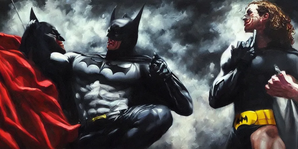 Image similar to a hyperrealistic oil painting of Batman fighting Joker; masterpiece, extremely highly detailed; ultra realistic; trending on artstation