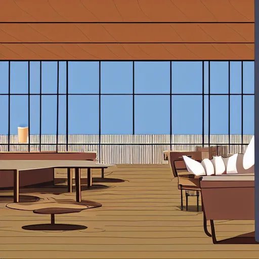 Prompt: rooftop bar overlooking beach in the style of Antoni Guadi, in the style of Mies van der rohe, digital illustration, Style of Moebius