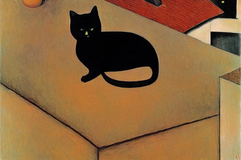 Prompt: black cat on the roof of reality by modigliani, by alex grey, minimal, stunning