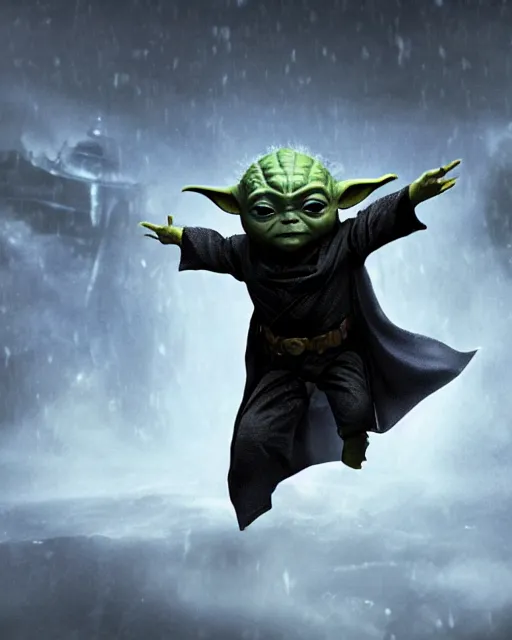 Prompt: epic action still of baby yoda as batman in the style of batman the dark knight rises