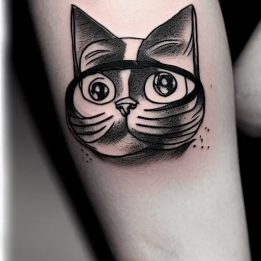 Image similar to stick and poke tattoo of a cat with 4 eyes, black and white tattoo, linework