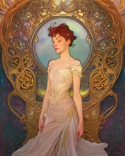 Image similar to secret romance, highly detailed, very intricate, art nouveau, gold filigree, romantic storybook fantasy, soft cinematic lighting, award - winning, disney concept art watercolor illustration by mandy jurgens and alphonse mucha and alena aenami, pastel color palette, featured on artstation