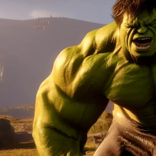 Prompt: Film still of The Hulk in Red Dead Redemption 2 (2018 video game)