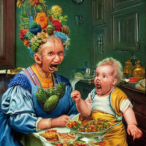 Image similar to hyper realistic hight detailed grandmother with a big mouth eating a baby on the table in the russian kitchen, style by ernst haeckel, bright colors