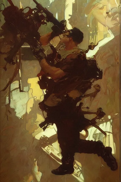 Image similar to mike stoklasa, action lines, painting by'phil hale '!!! gaston bussiere, craig mullins, greg rutkowski, alphonse mucha,