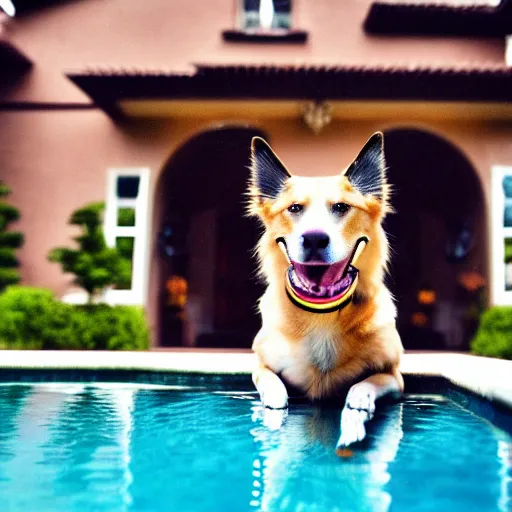 Image similar to a very detailed photo of a dog smoking a cigar outside the mansion by the pool