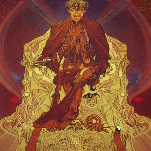 Image similar to greg davis sits on his throne as ruler of hell, oil on canvas, by alphonse mucha, gustave dore, zdzislaw beksinski