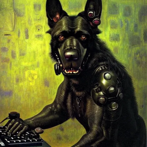 Image similar to a portrait of a black german shepard orc dogman canine neuromancer with human eyes serious looking holding computer console. shadowrun cyberpunk fantasy d & d fallout 1 9 9 8 highly detailed painting by gaston bussiere craig mullins jc leyendecker gustav klimt artgerm greg rutkowski