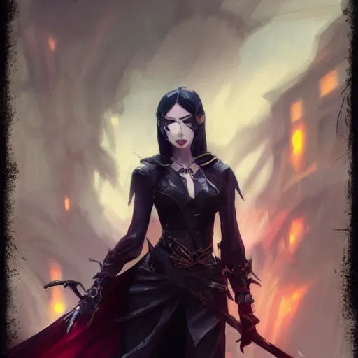 Image similar to female human vampire witch in fantasy armor holding a sword, in the style of greg rutkowski, makoto shinkai, trending on artstation, character design, concept art, pretty face, forward facing, highly detailed, digital art