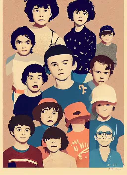 Prompt: poster stylized minimalist kids from cast of stranger things art by kiyoshi awazu, perfectly centred, sharp