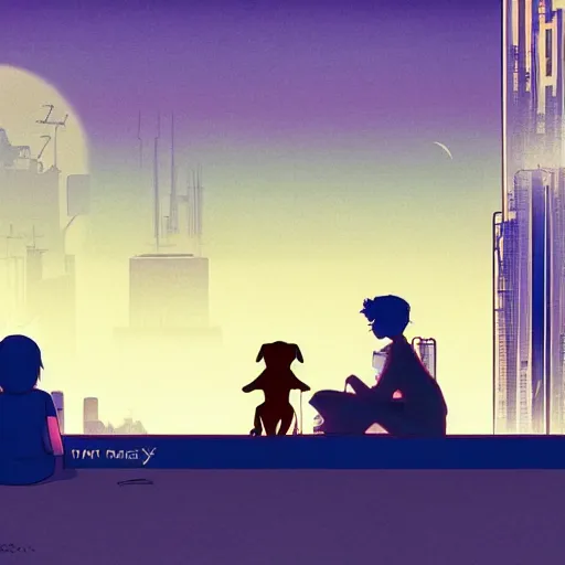 Prompt: a dog and a child sitting and looking at the sunset in a cyberpunk city, art by the rusted pixel, artstation